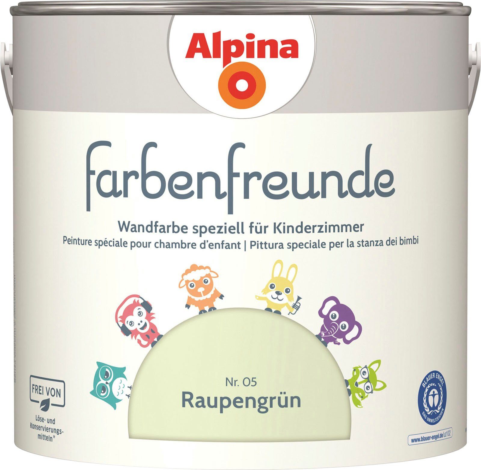 Alpina Wandfarbe farbenfreunde, für Kinderzimmer, matt, 2,5 Liter Raupengrün | Dispersionsfarben