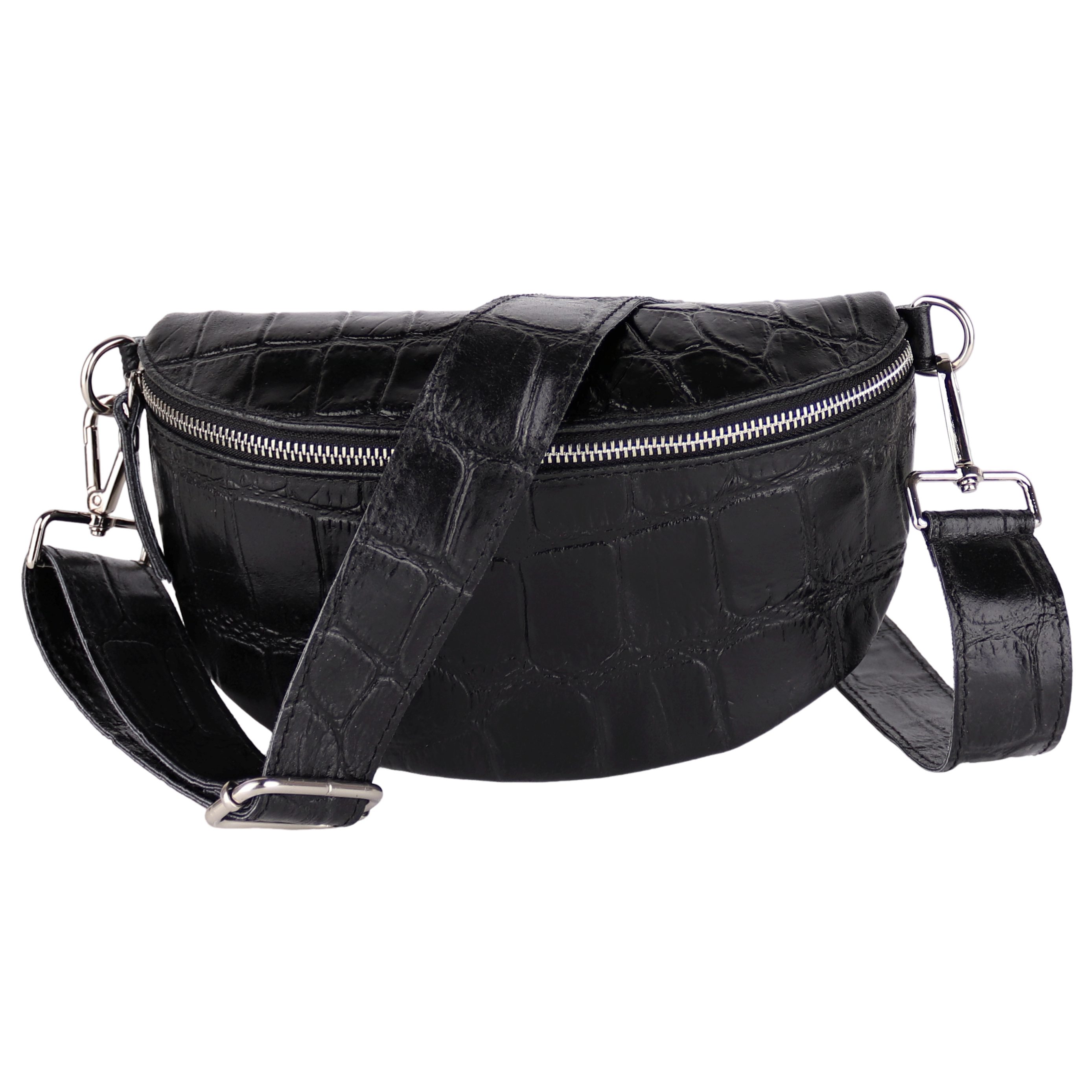 MIRROSI Bauchtasche UNISEX, Echtleder, Leder, Made in Italy, Umhängetasche, Brusttasche, (Schultertasche für jeden Anlass, 2 Größen auswählbar), Crossbody Bag, Schwarz, KROKO-Optik mit verstellbaren Schulterriemen