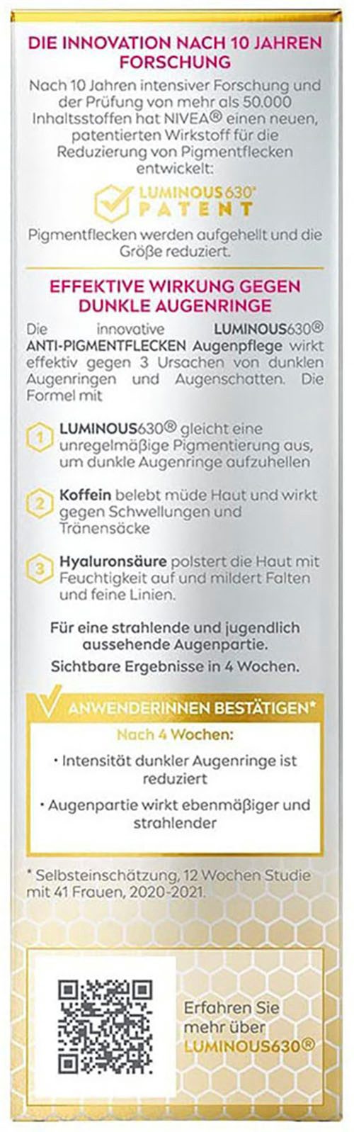 Nivea Augencreme LUMINOUS630 ANTI-PIGMENTFLECKEN AUGENPFLEGE, Anti-Aging, ideal, um Ihre Augen heller und jünger wirken zu lassen