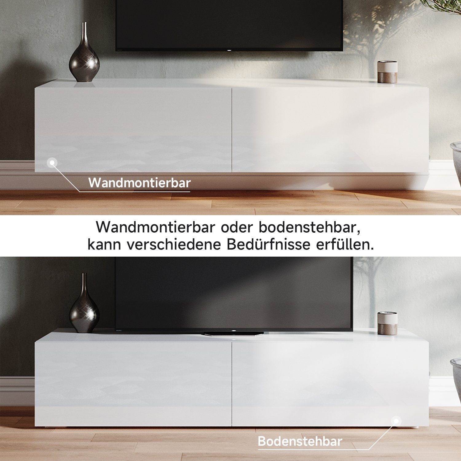 SONNI Sideboard TV Lowboard Schränke hängend 140x40x30cm Weiß Hochglanz – Bild 3 von 5