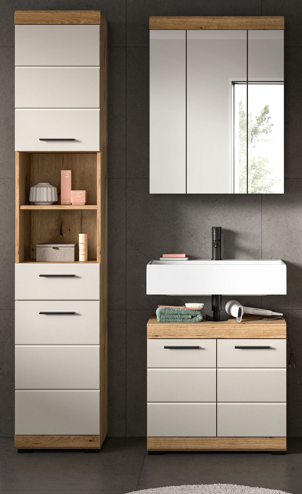 Inn.Furn Badmöbel-Set Shawn, (Badezimmer 3-teilig in Eiche und Sand / Kasch günstig online kaufen