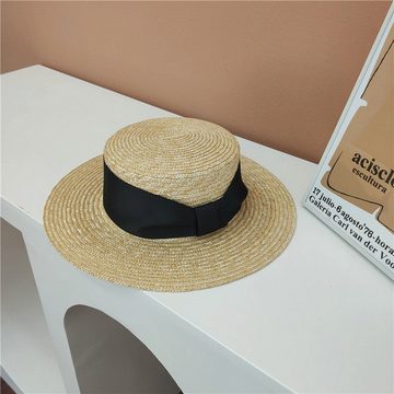 AUKUU Sonnenhut Flacher Flacher Strohhut für Damen mit breitem Gurtband vielseitiger Sonnenhut mit breiter Krempe für sommerliche