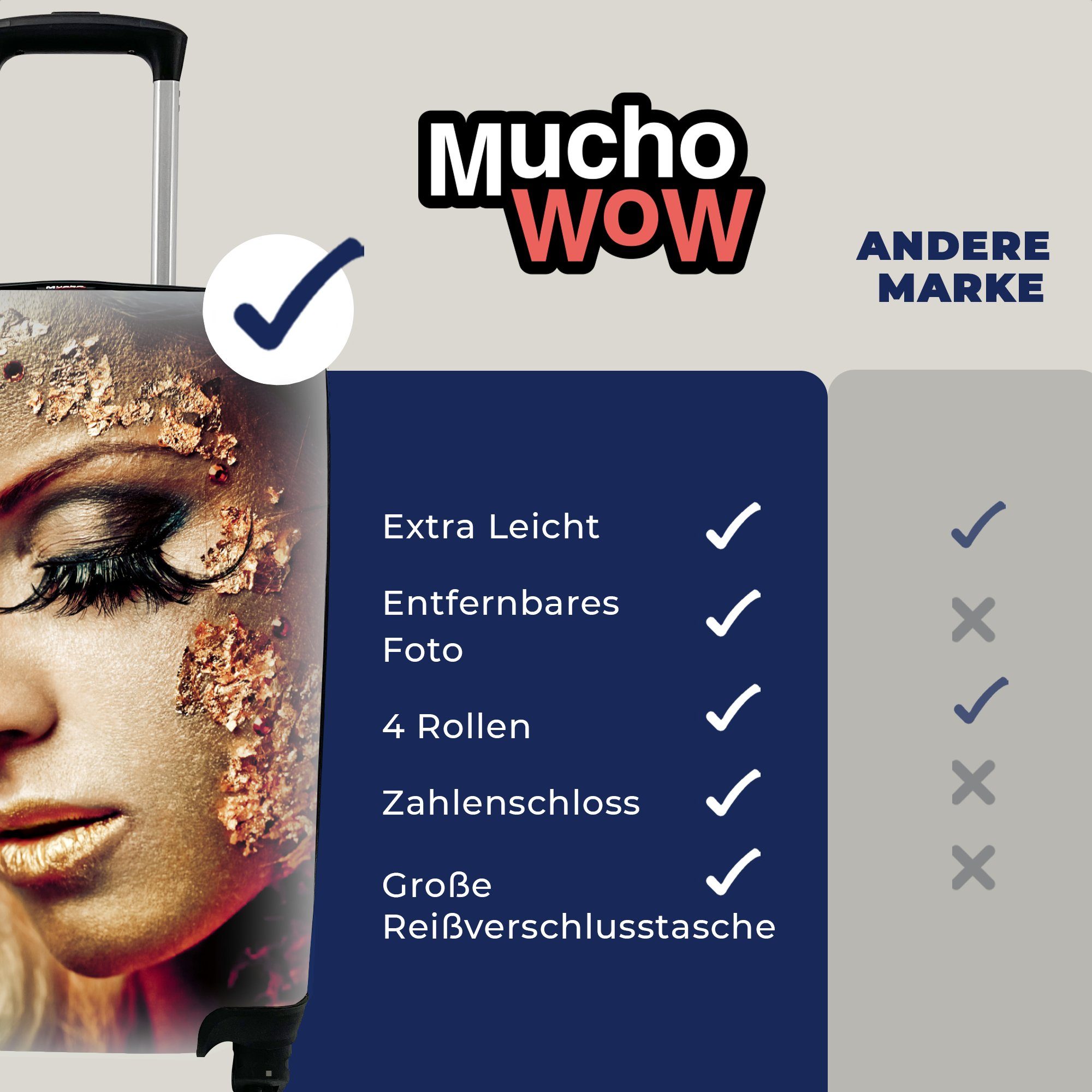 Reisekoffer mit Handgepäckkoffer Handgepäck Gold, 4 Rollen, für Reisetasche Blattgold rollen, - - Frau MuchoWow Trolley, Ferien,