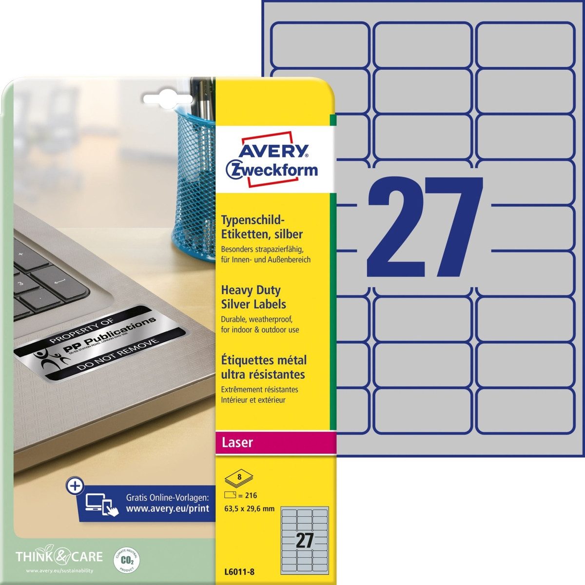 Avery Zweckform Etiketten Typenschild-Etiketten silber 63,5x29,6mm 216 Etiketten