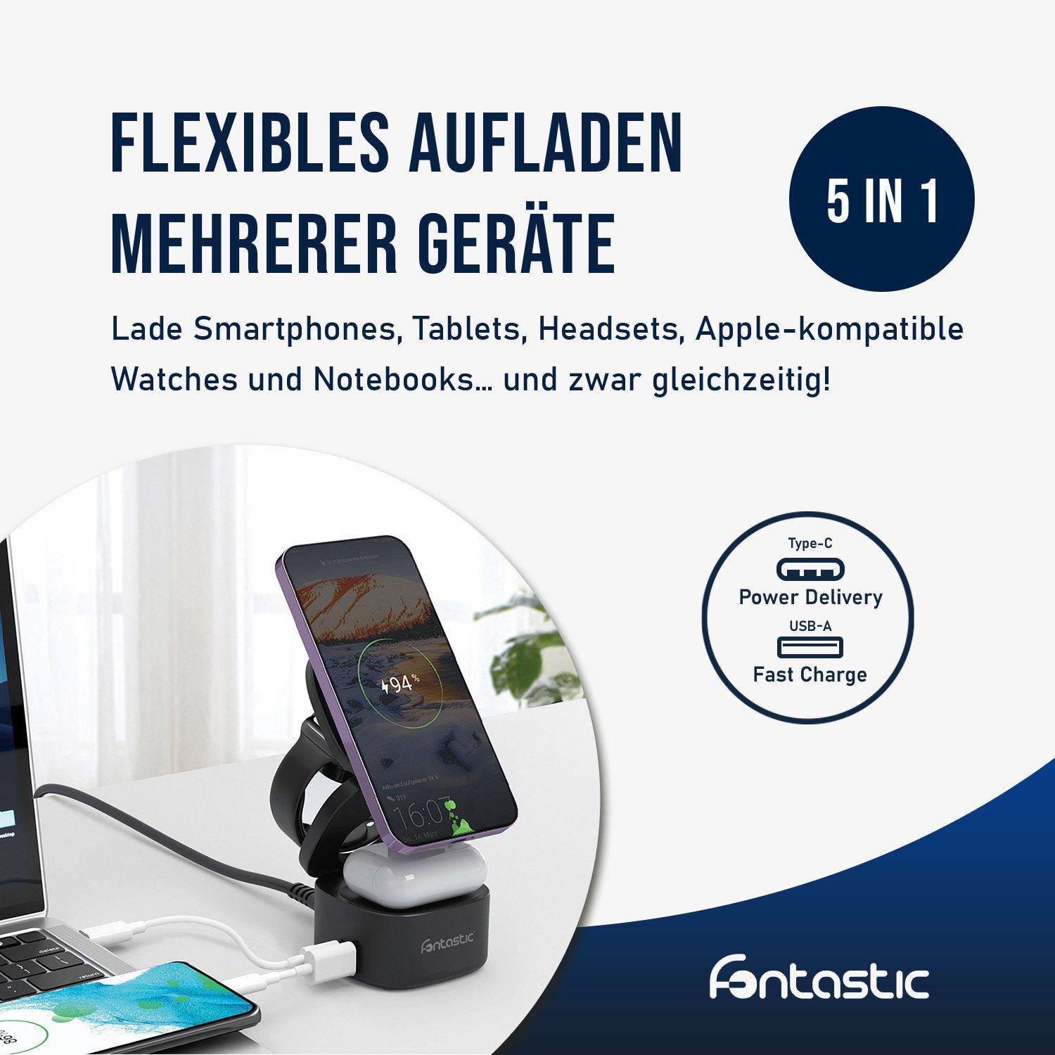 fontastic Qumag Induktive Ladestation 65W Wireless Charger USB-C Induktions-Ladegerät (GaN Technologie)