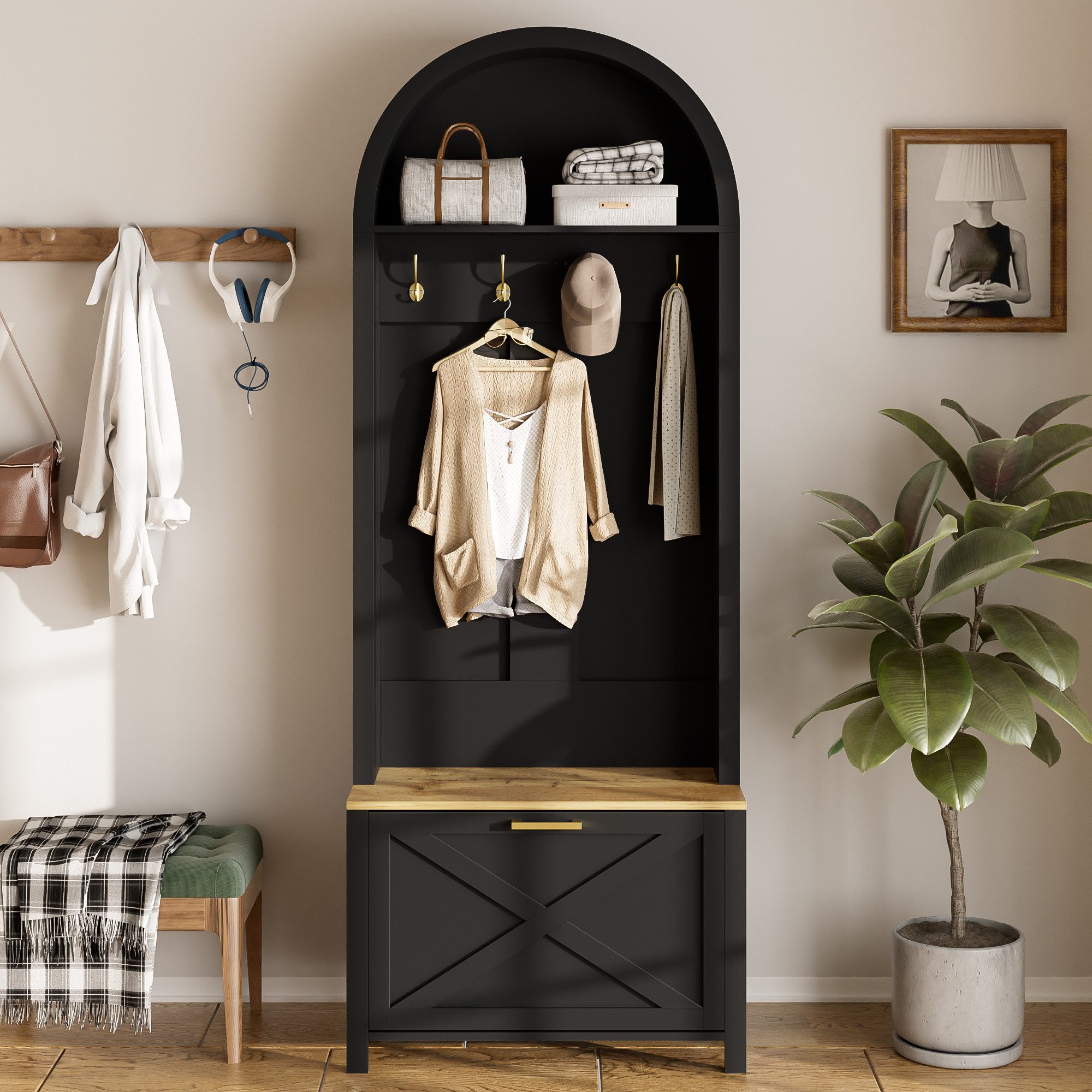 Yorbay Garderobe mit Schuhschrank & Hakenleiste, Moderner Hall Tree für den Flur (195 x 75 x 35 cm), Kompakter Garderobenschrank mit Ablage