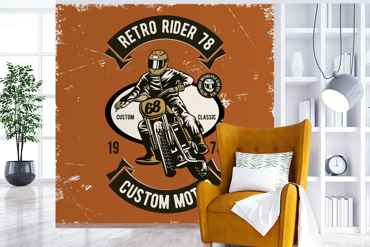 MuchoWow Fototapete Motorrad - Mann Schlafzimmer, Wandtapete bedruckt, Matt, Vinyl (5 Wohnzimmer - oder Tapete für Retro, St)