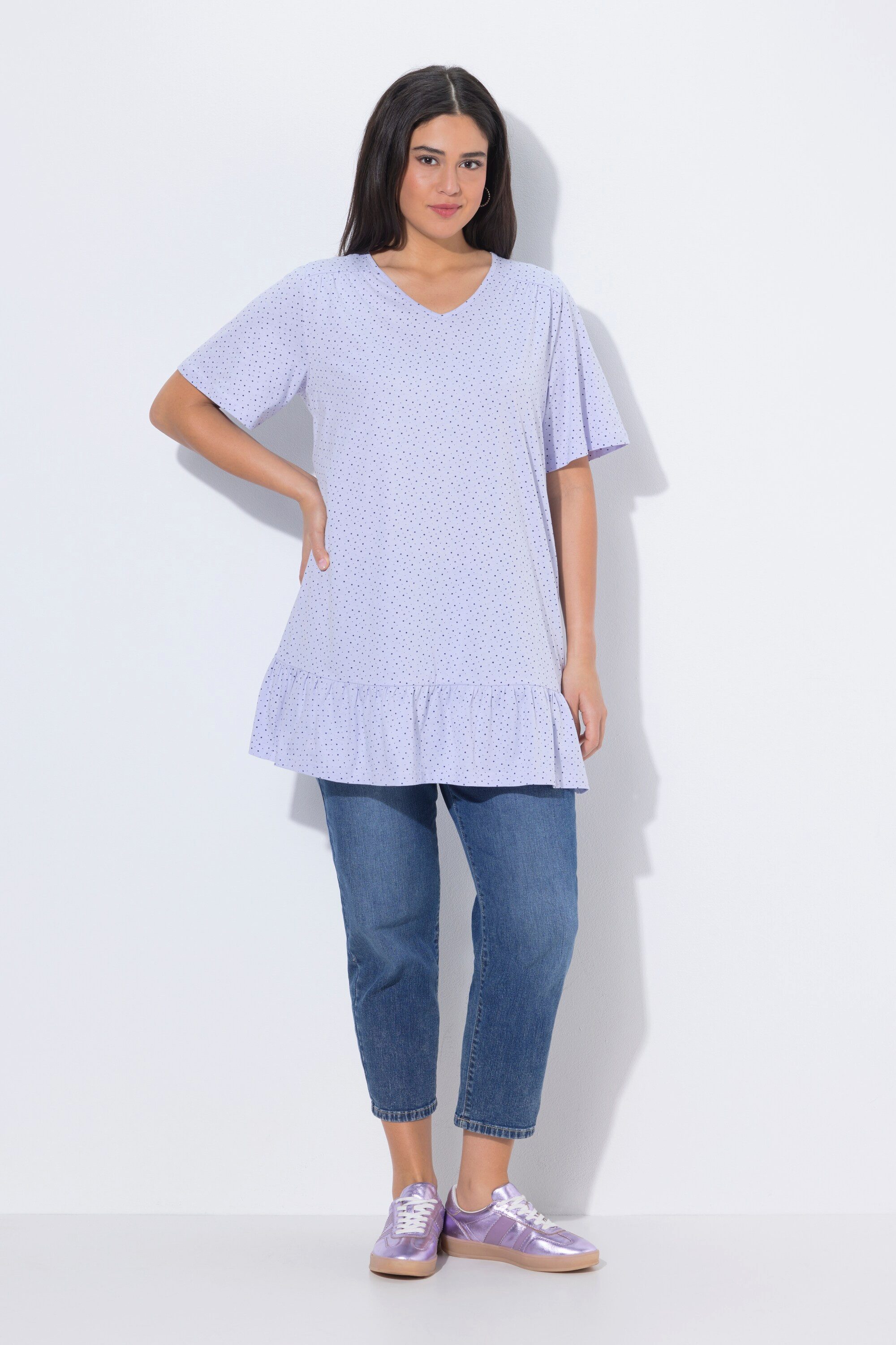 Ulla Popken Longshirt T-Shirt Volant A-Linie V-Ausschnitt günstig online kaufen