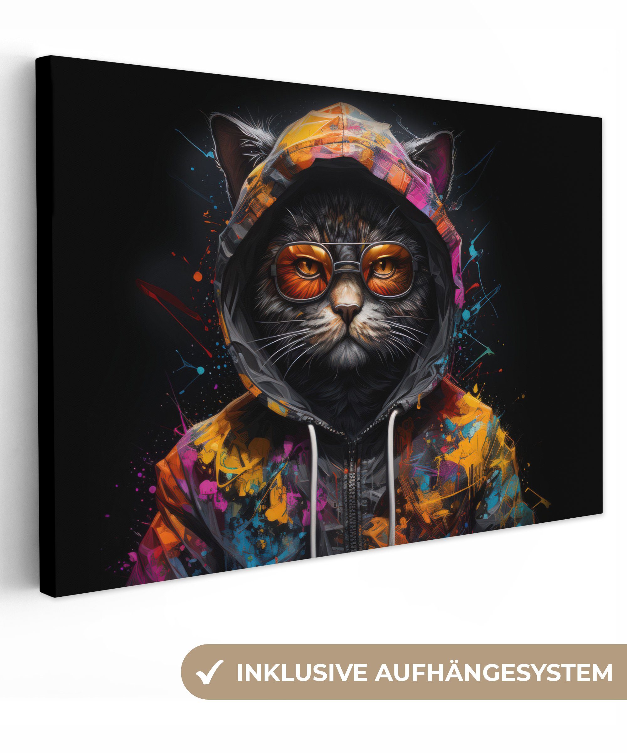 OneMillionCanvasses® Leinwandbild Katze - Mantel - Graffiti - Brille - Schwarz, (1 St), Wandbild für alle Wohnbereiche, Gemälde, XXL, großes, 120x80 cm