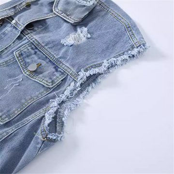 RUZU UG Jeansweste Damen mittellange lockere Freizeitweste zerrissene ärmellose Weste (1-tlg)