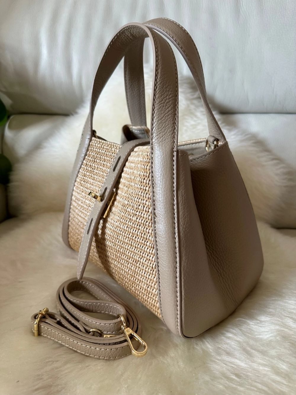 Goodman Design Handtasche Italienische Raffiatasche mit Echtleder Damen Umhängetasche, Handarbeit – jede Tasche ist ein Unikat