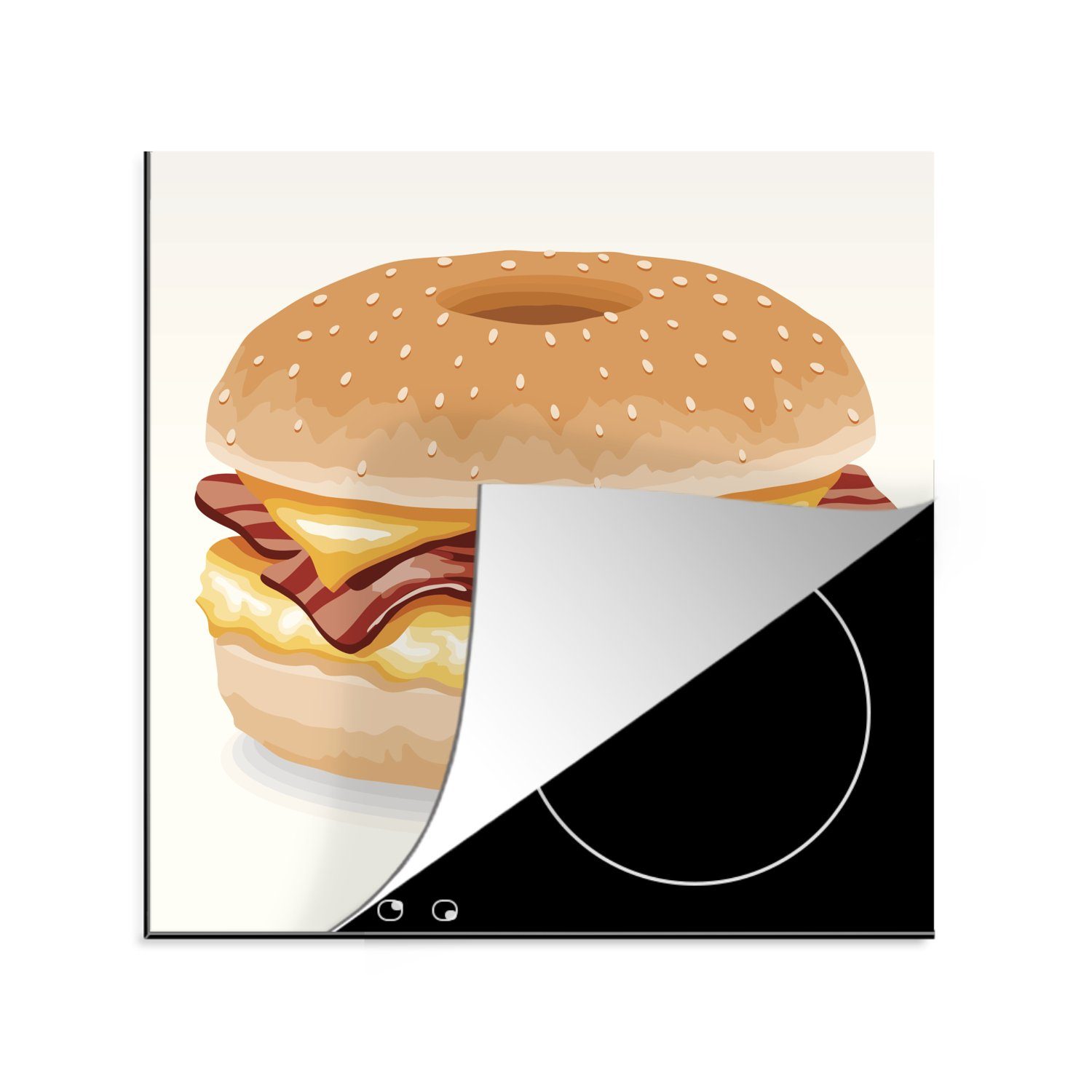 MuchoWow Herdblende-/Abdeckplatte Illustration von Speck und Ei zwischen einem Bagel mit Käse, Vinyl, (1 tlg), 78x78 cm, Ceranfeldabdeckung, Arbeitsplatte für küche