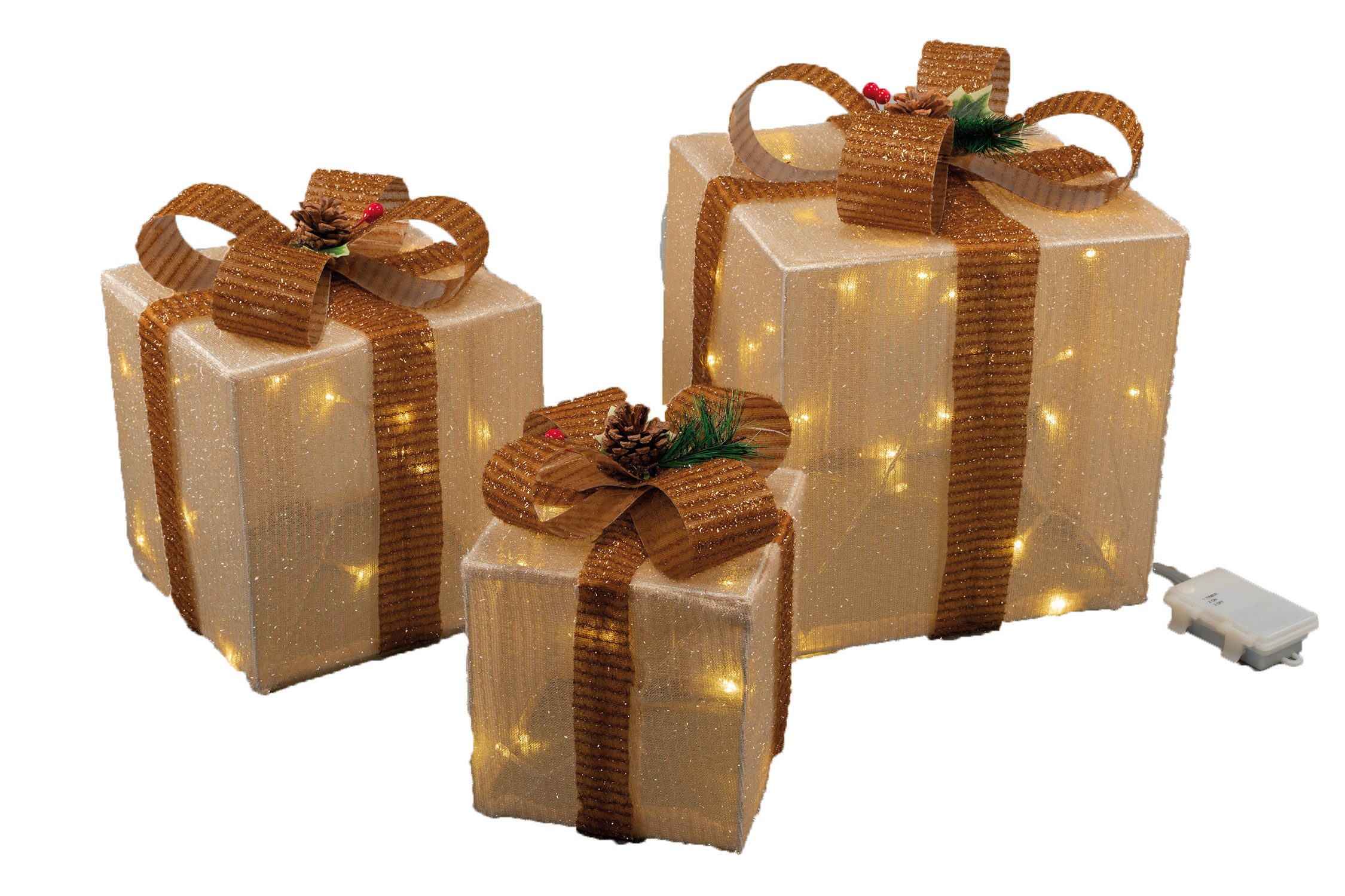 Nipach LED-Lichternetz LED Geschenkwürfel im 3er Set 25cm, 20cm, 15cm Innen & Außen Timer
