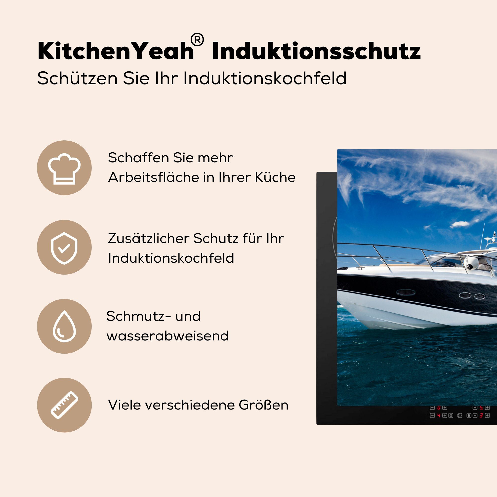 78x78 tlg), - Vinyl, Arbeitsplatte - für küche Ceranfeldabdeckung, Yacht, cm, Herdblende-/Abdeckplatte MuchoWow (1 Wasser Boot