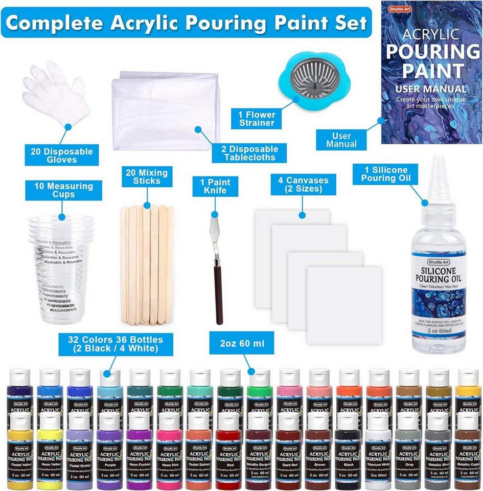 Thumbnail - Shuttle Art Pinselstift Pouring Acrylfarben Set 36 Farben Flaschen Silikonöl Leinwand
