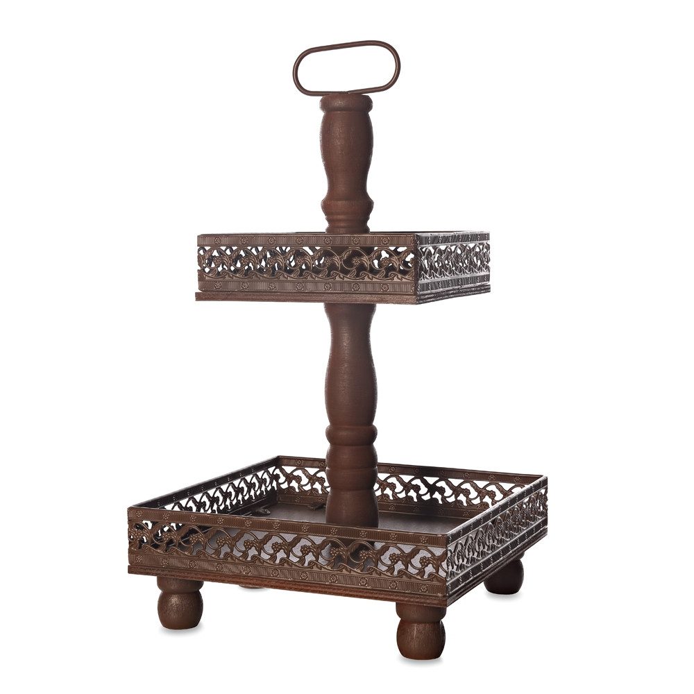 Mucola Etagere Etagere Servierplatte 2 Stöckig 51 CM XXL Braun und Weiß Vintage, Metall, (Stück, 1-tlg., 1 Etagere), Massivholz