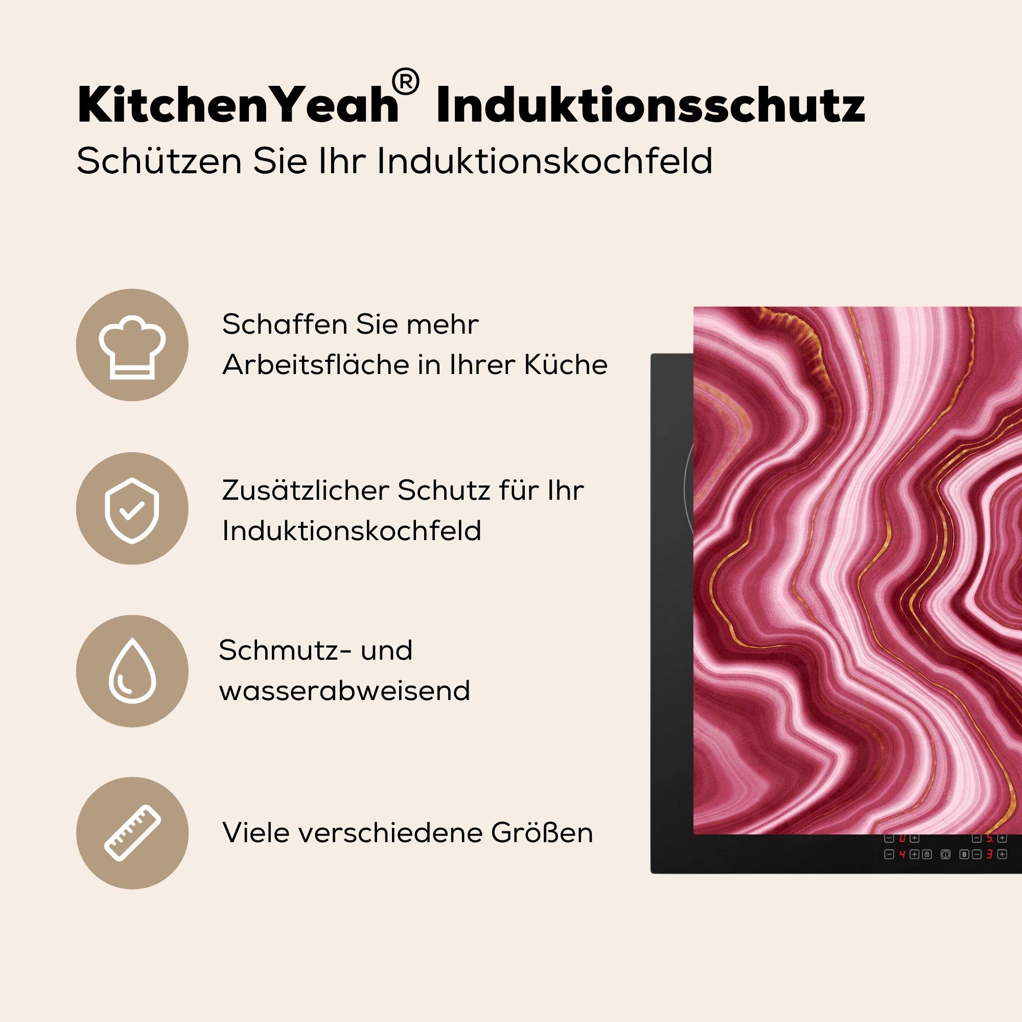 Marmor Rot MuchoWow Herdblende-/Abdeckplatte küche Arbeitsplatte - (1 für Vinyl, tlg), cm, 78x78 Ceranfeldabdeckung, - Golden,