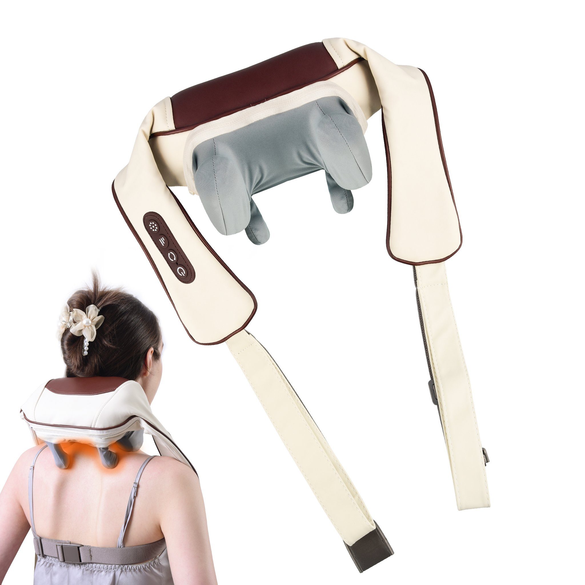 CkeyiN Nacken-Massagegerät mit Wärmefunktion, 4 Massageköpfe Nacken- und Schulter-Massagegerät, 2 Intensitätsstufen Kabelloses Shiatsu 6D Massagegerät für Nacken