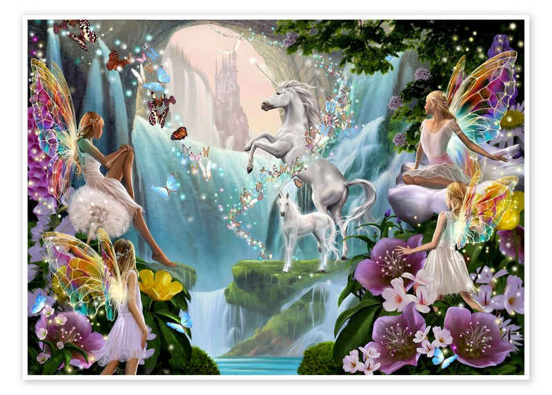 Posterlounge Poster Garry Walton, Feen und Einhörner am Wasserfall, Kinderzimmer Illustration