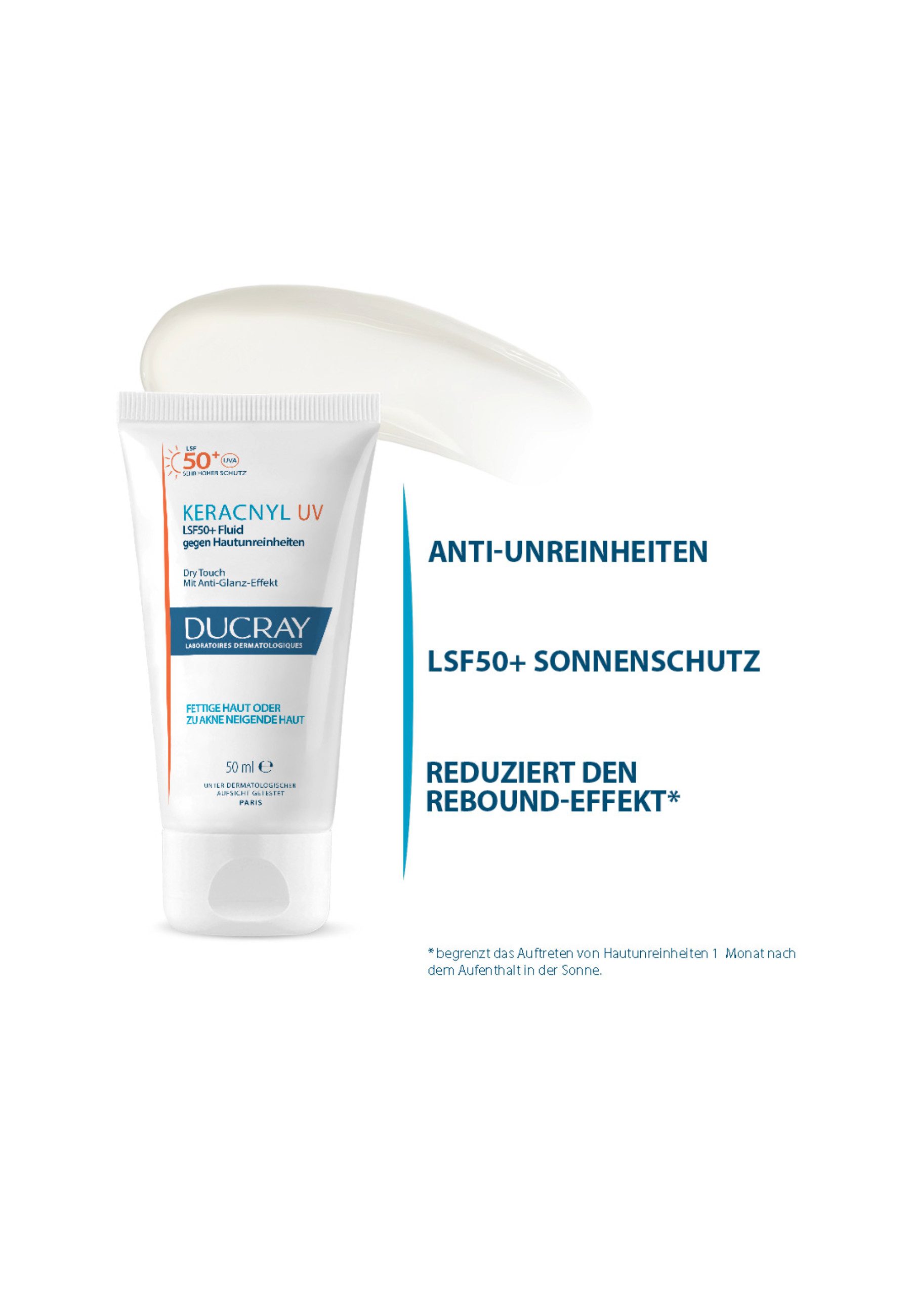 Ducray Gesichtsfluid KERACNYL UV LSF50+ Fluid gegen Hautunreinheiten, bietet einen hochverträglichen & sicheren UVA-/UVB-Sonnenschutz