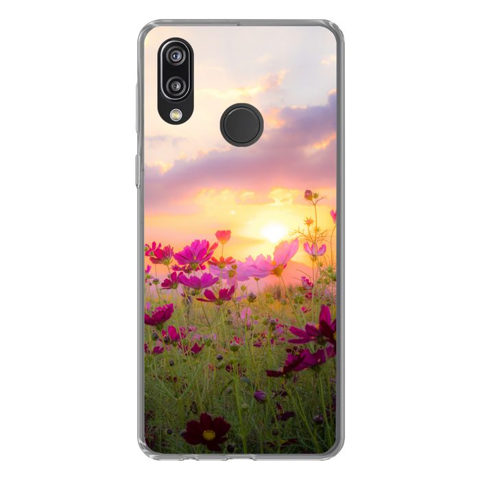 MuchoWow Handyhülle Blumen - Rosa - Sonnenuntergang - Natur - Wiese - Horizont Handyhülle Huawei P20 Lite (2019) Handy Case Silikon Bumper Case
