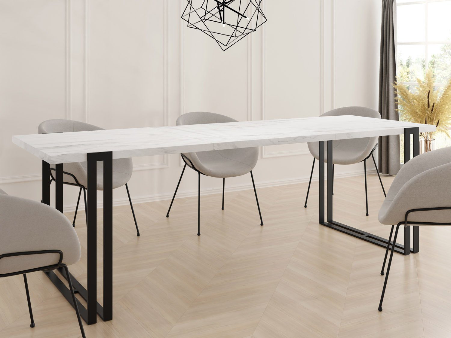 WFL GROUP Esstisch Weiß Loft-Stil Metallbeinen Marco, Schwarze Marmoroptik im Tisch mit