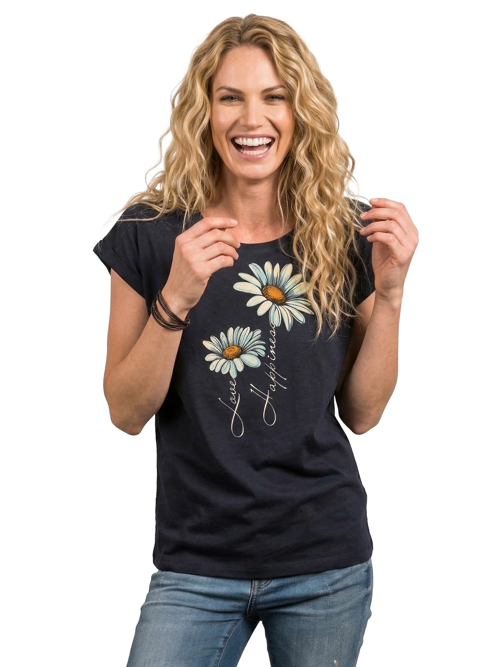 MAKAYA Print-Shirt Damen Kurzarm Top Blumen Gänseblümchen floral Blumenmuster Blümchenprint