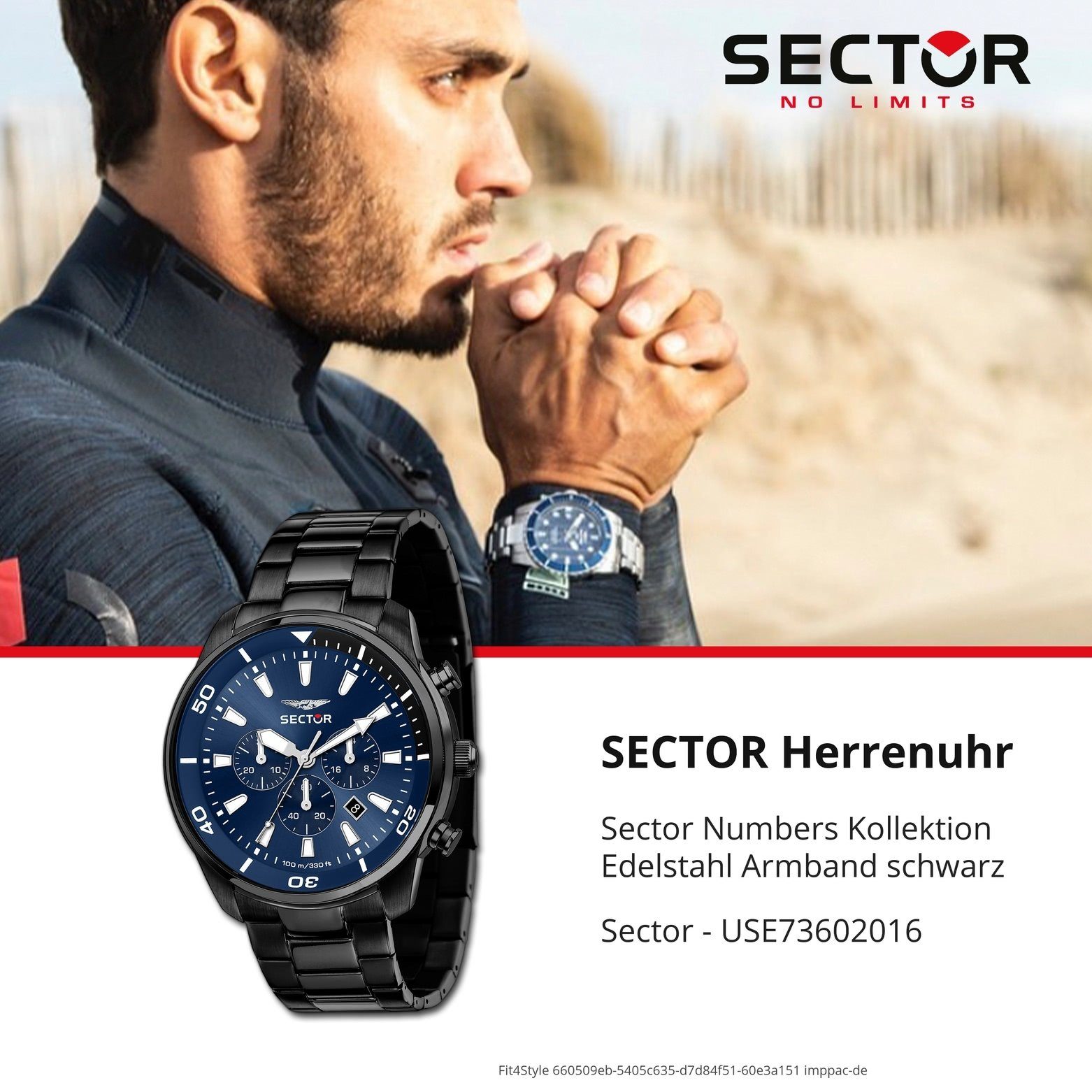 Sector Chronograph Sector Herren Edelstahlarmband rund, Herren Chrono, Armbanduhr (ca. schwarz, 36mm), Elegant Armbanduhr