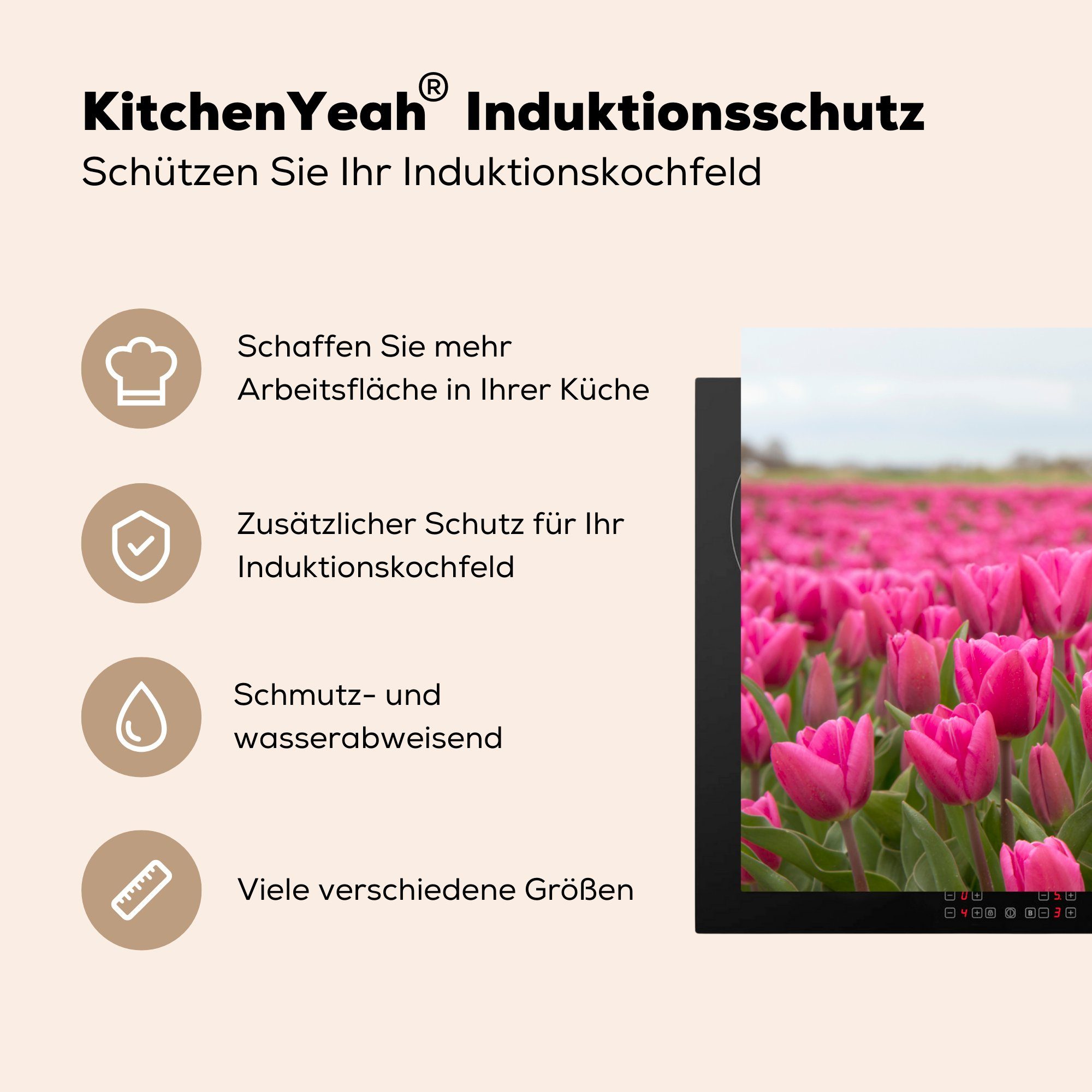 die Tulpen und Windmühle, 81x52 (1 Rosa cm, küche, für Schutz tlg), Vinyl, Ceranfeldabdeckung Induktionskochfeld MuchoWow Herdblende-/Abdeckplatte