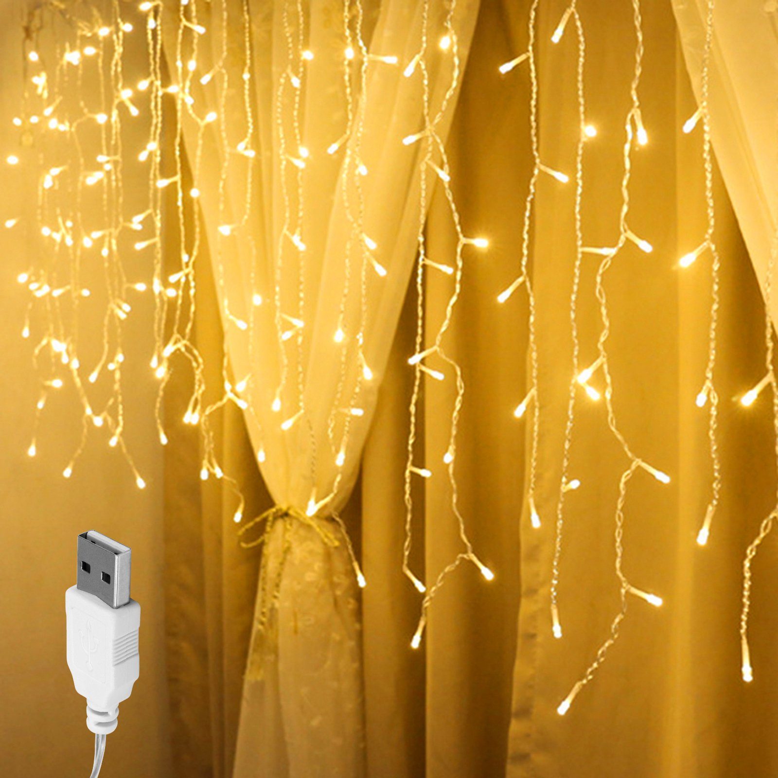 Rosnek LED-Lichtervorhang 3M, 96LEDs,12 Stränge, Wasserdicht, USB, für Wand  Fenster Schlafzimmer, Party Deko