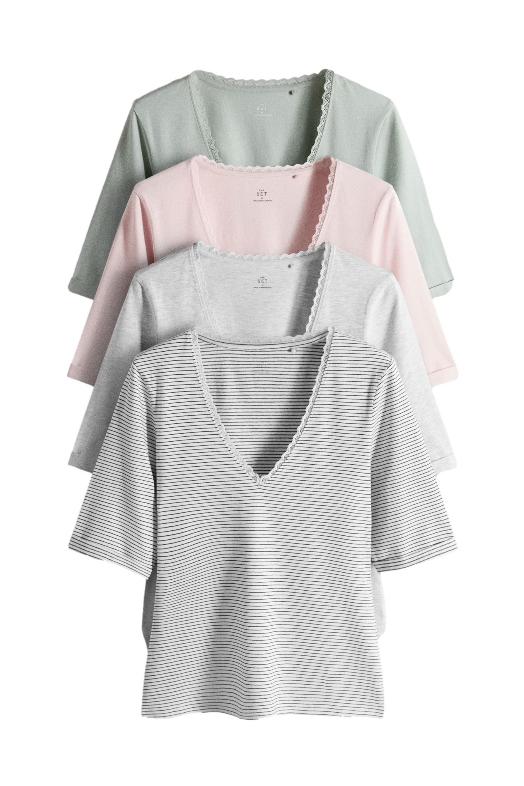 The Set V-Shirt The Set Top mit Spitze + V-Ausschnitt, 4er-Pack (4-tlg)