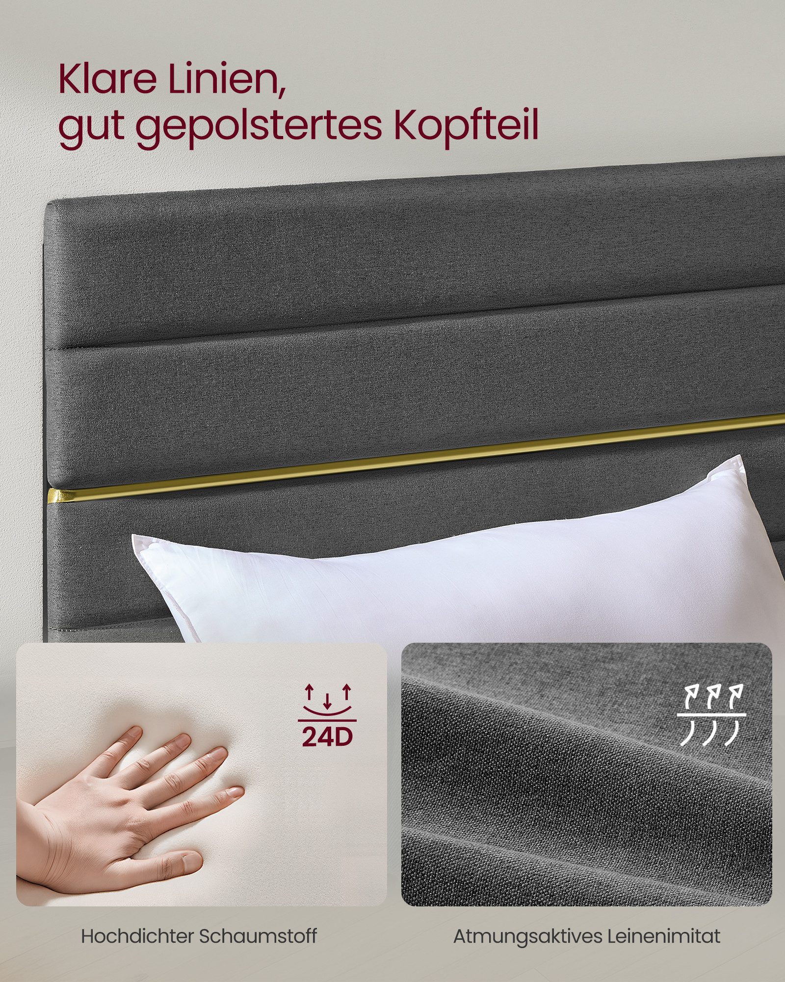 VASAGLE Polsterbett Doppelbettgestell verstellbares gepolstertes Kopfteil, Polsterbett und Matratze Set, mit Stauraum 140x200 cm – Bild 4 von 5