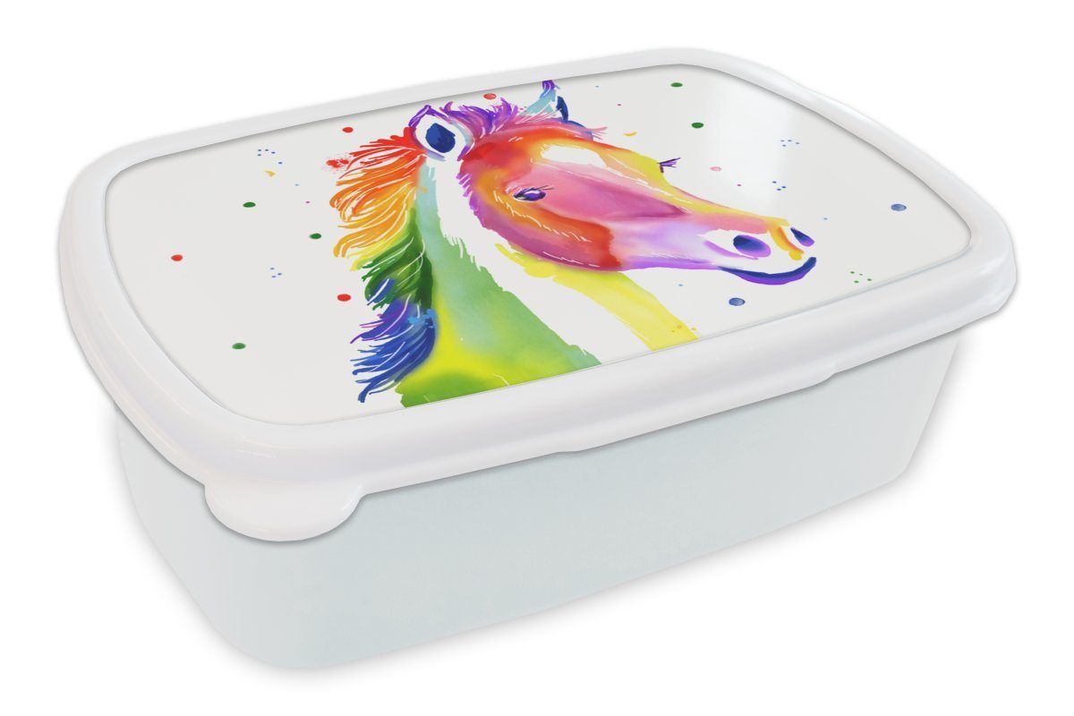 MuchoWow Lunchbox Pferd - Regenbogen - Polka dots - Mädchen - Kinder - Mädchen, Kunststoff, (2-tlg), Brotbox für Kinder und Erwachsene, Brotdose, für Jungs und Mädchen weiß