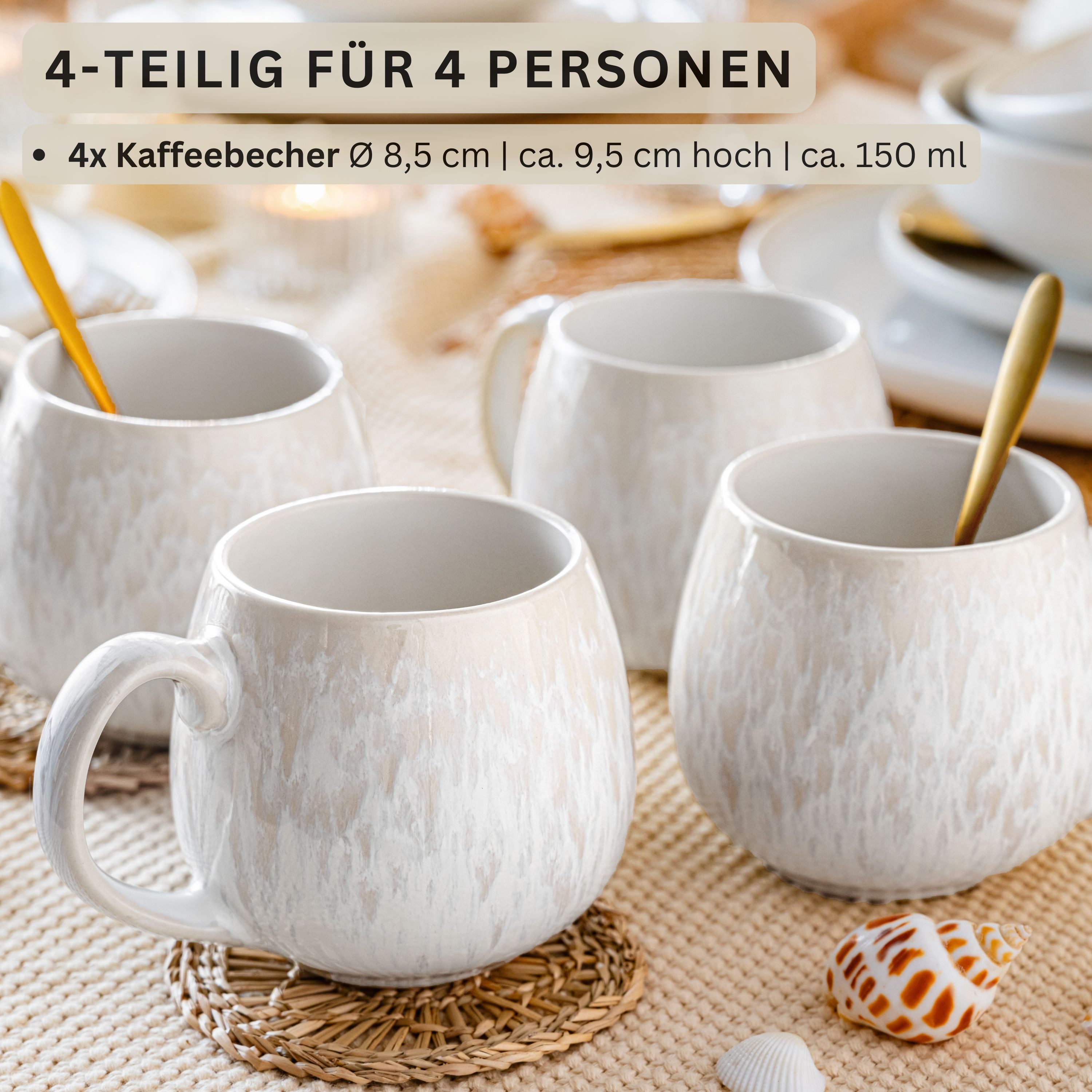 SÄNGER Becher Korfu Kaffeebecher Set (4-teilig), 4-tlg., Steingut, 150ml, Creme Farben, Handmade, Premium Collection – Bild 2 von 5