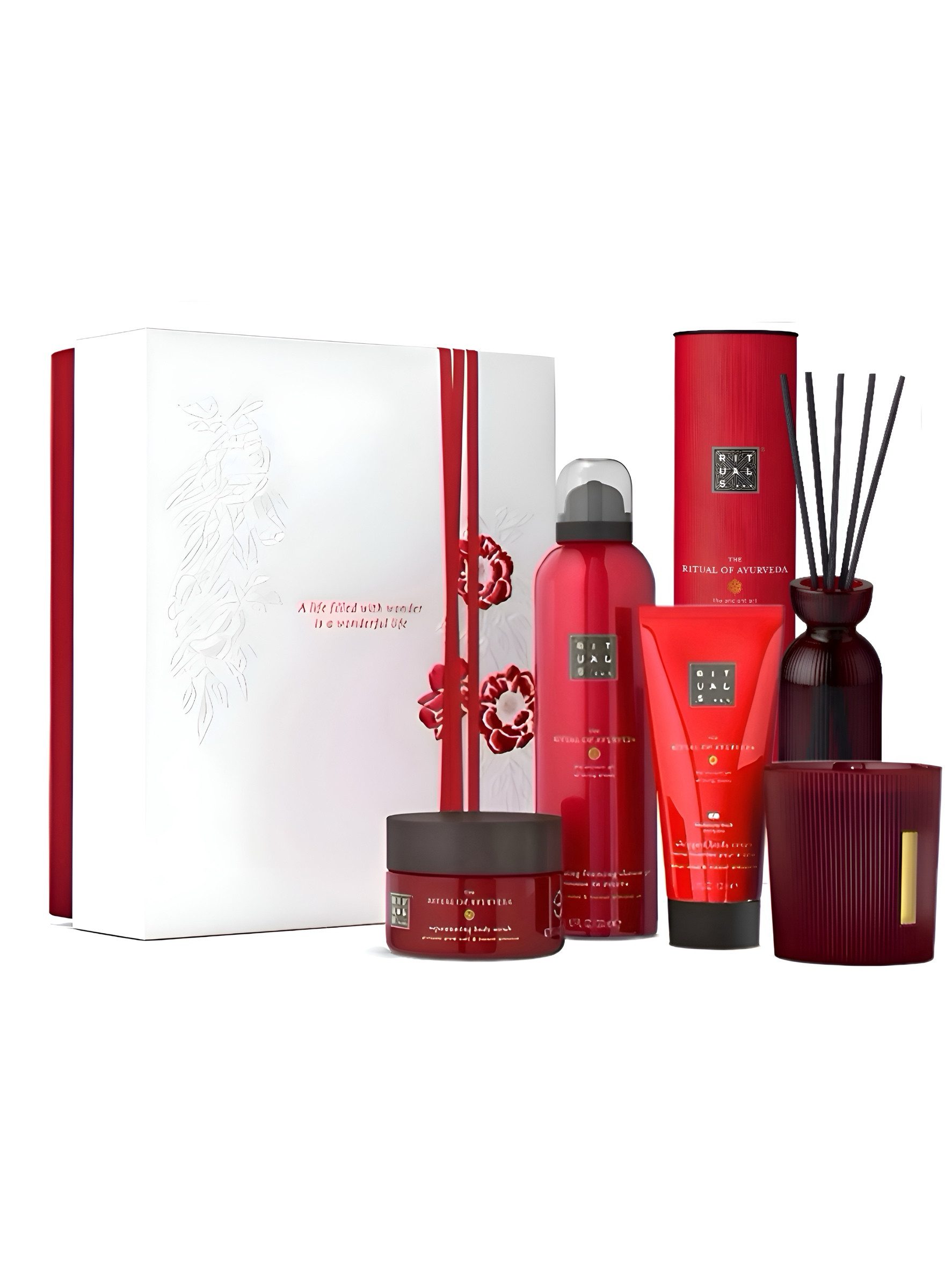 Rituals Pflege-Geschenkset The Ritual of Ayurveda Spezial Duftkerze Körperpeeling Duftstäbchen Geschenkset mit Körperpflege & Raumduft, 5-tlg., Ayurveda-Duft mit indischer Rose & süßem Mandelöl