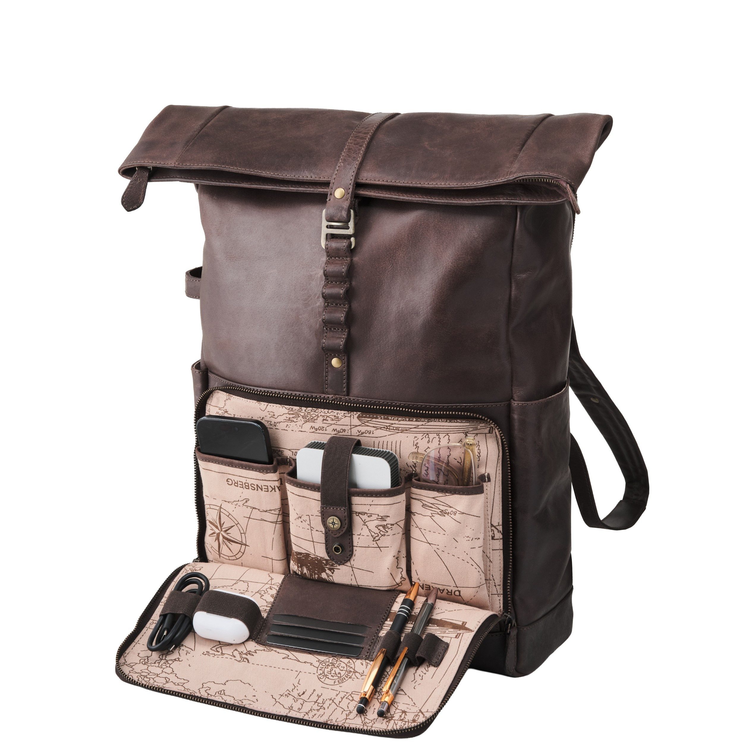 DRAKENSBERG Reiserucksack Roll-Top »Arthur« Dunkel-Braun, 17" Laptoprucksack mit Technik-Organizer-Fach für Zubehör, Vintage