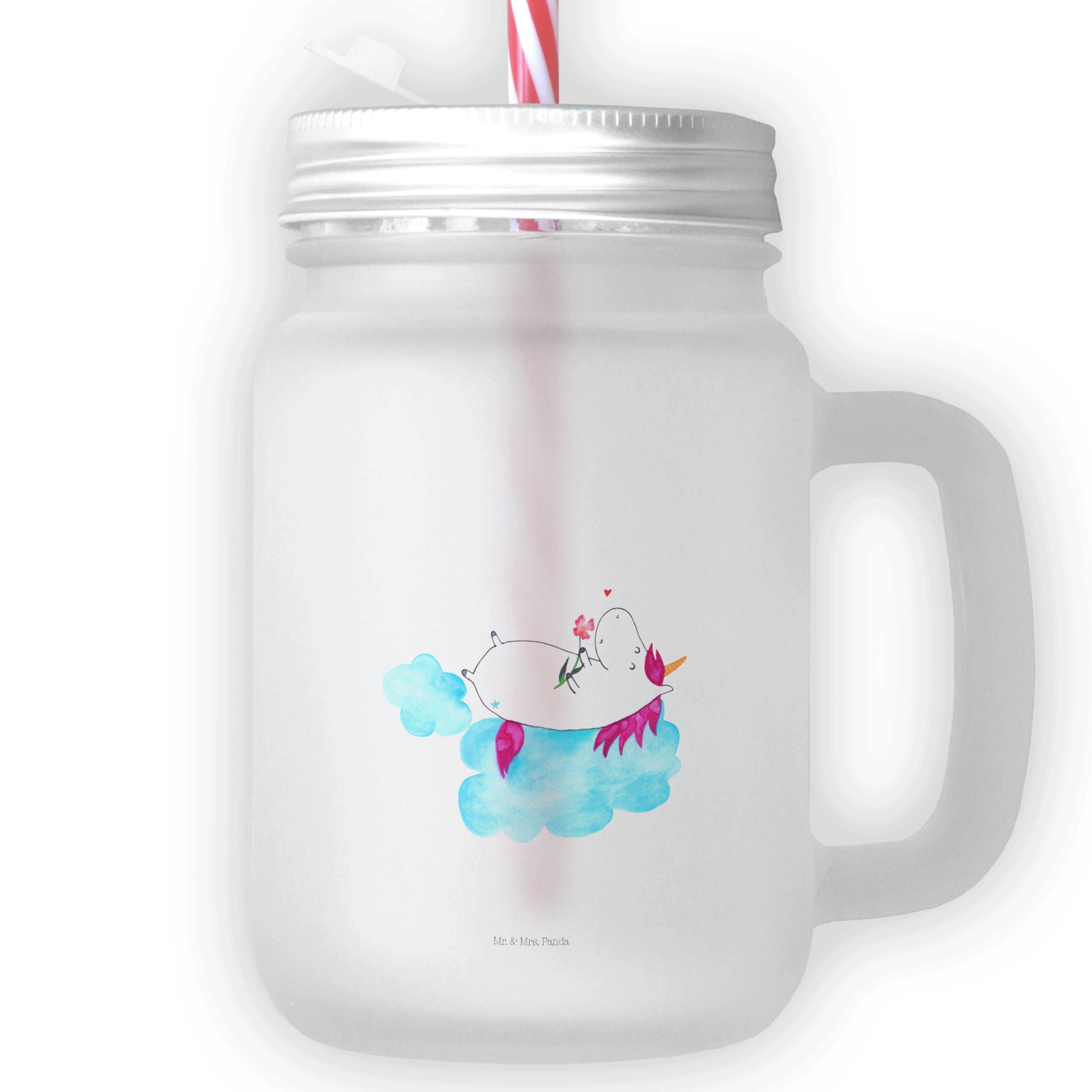 Mr. & Mrs. Panda Glas Einhorn verliebt auf Wolke - Transparent - Geschenk, Henkelglas, Einh, Premium Glas