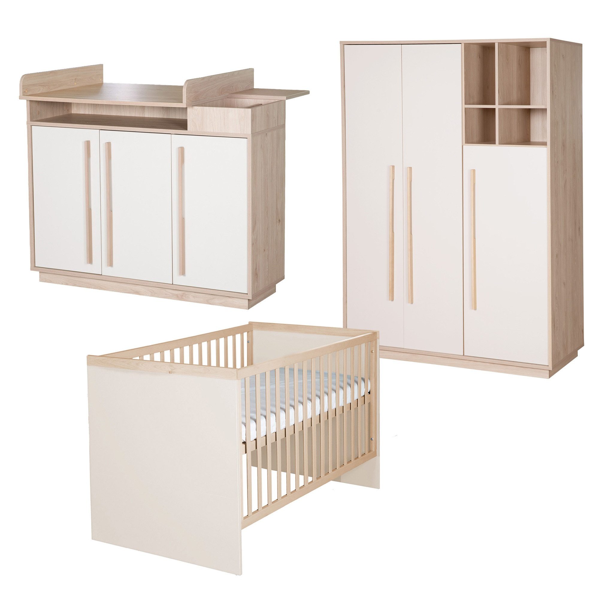 roba® Babyzimmer-Komplettset Elva - modernes Kinderzimmer in Cashmere - aus Holz, (Komplett-Set, 3-tlg., Babybett 70 x 140 cm, Wickelkommode, Kleiderschrank), Griffe & Füße aus Massivholz - Skandinavisches Design - MADE IN EUROPE