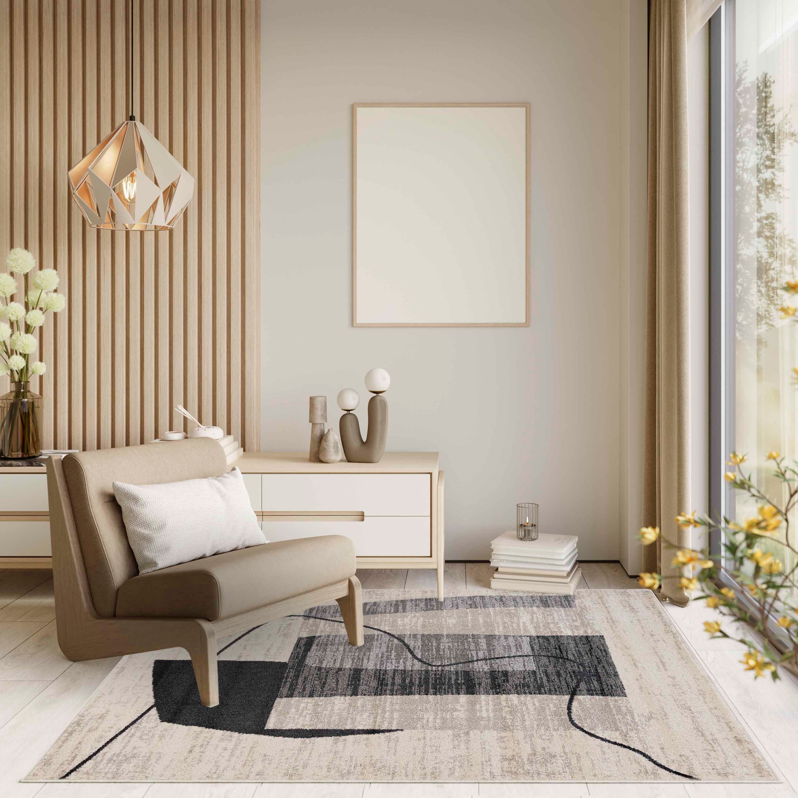 Mazovia Designteppich Modern Teppich Kurzflor Wohnzimmerteppich Japandi Scandi Grau Beige, 80 x 150 cm, Fußbodenheizung, Allergiker geeignet, Farbecht, Pflegeleicht
