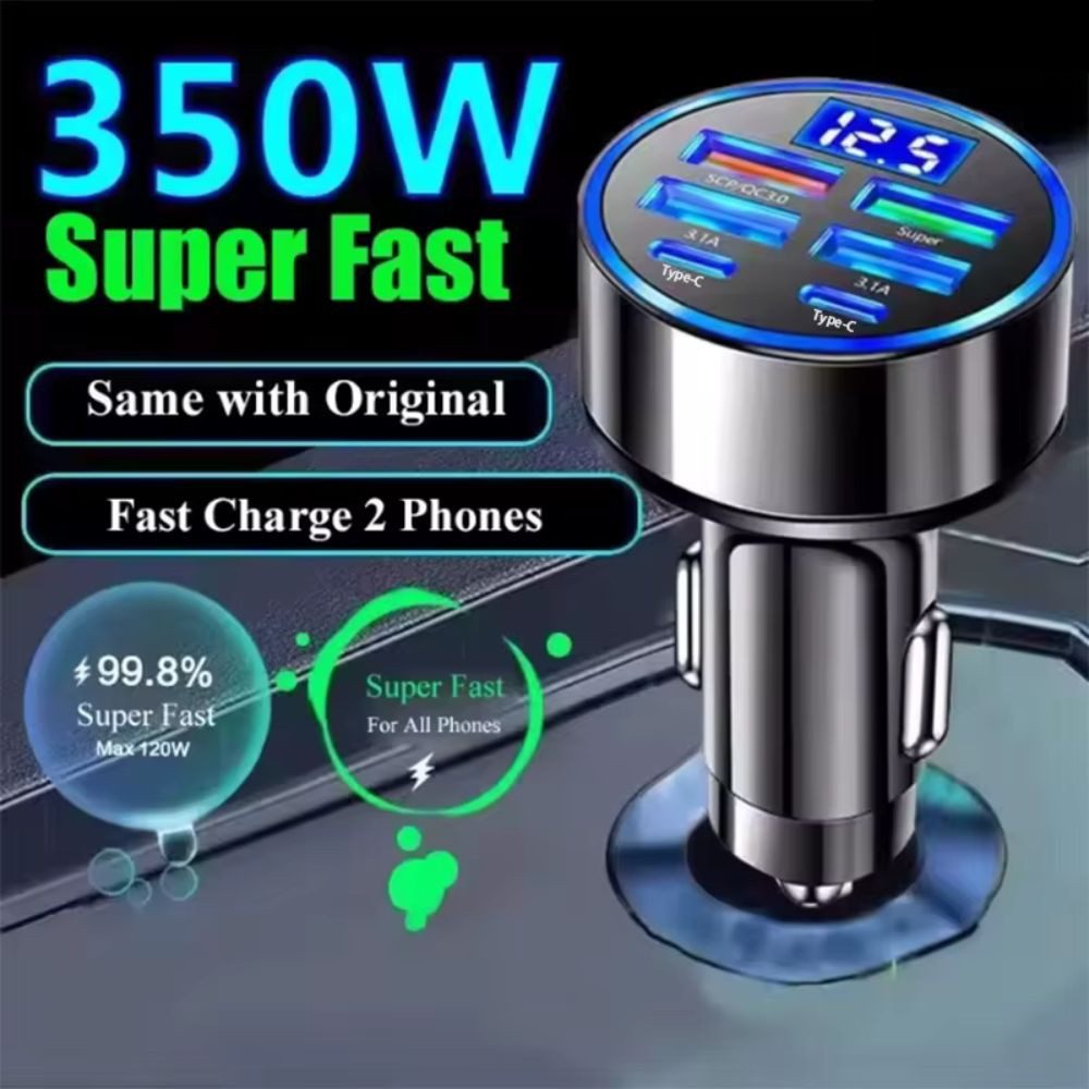 Wrischan 350W USB Auto Ladegerät 6 Ports PD QC3.0 USB C Schnellladegerät USB-Ladegerät (Einzelgerät, Schnellladen, 6 Ports, Display Anzeige, GaN Technologie, Mehrfachladen)