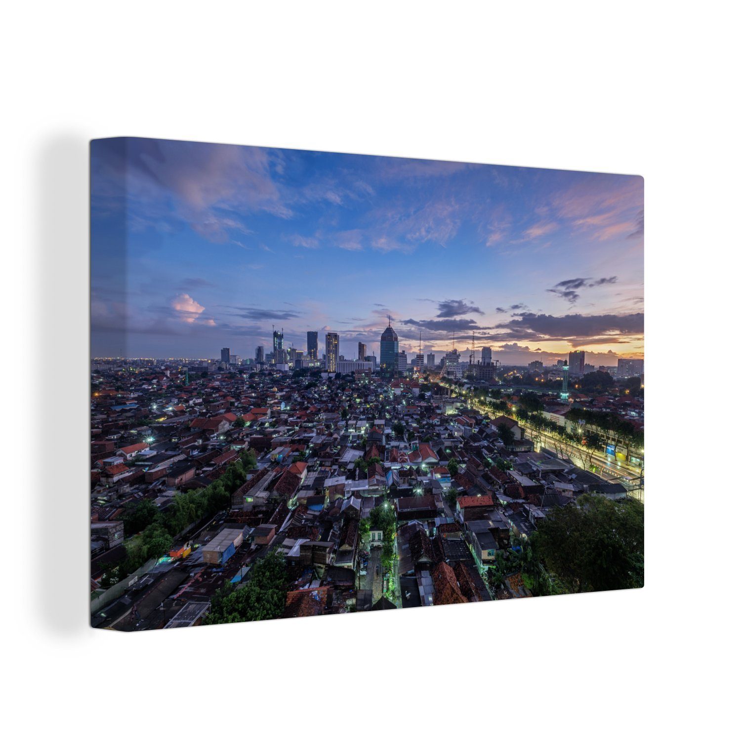 OneMillionCanvasses® Leinwandbild Die (1 cm Wandbild 30x20 Indonesien, bei Leinwandbilder, Skyline Sonnenaufgang Aufhängefertig, Surabaya St), Wanddeko, in von