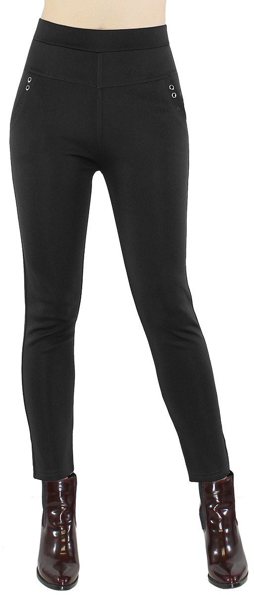 Zeitlich begrenzter Verkauf dy_mode Röhrenhose Lässig Elegante Damen elastischem DH110-Schwarz Stretch-Treggings Bund in Unifarbe, mit zum Hineinschlüpfen Röhrenhose