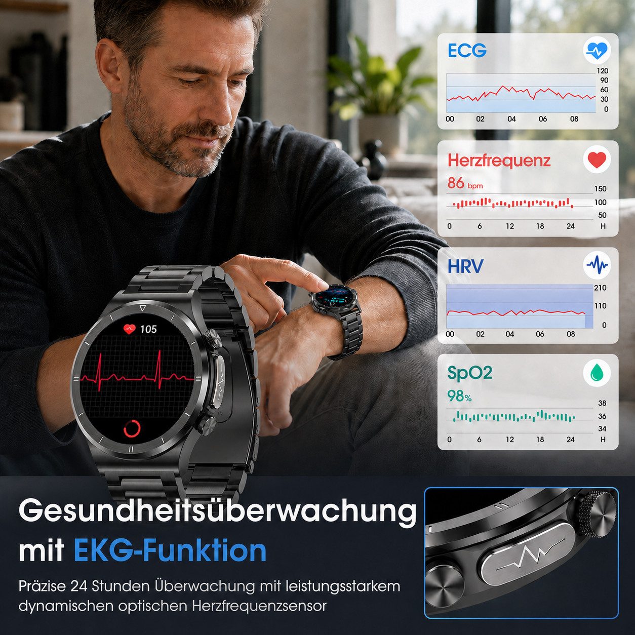 ANYSUN Smartwatch Herren (Anruf Texte Rinnerung) Fitness Tracker Uhr Smartwatch (1,39 Zoll) mit EKG/Schlaf/Herzfrequenz/Sauerstoff-Überwachung, 120+ Sportmodi Uhren Herren mit Herzfrequenz, SpO2, Schlafmonitor, IP68 Wasserdicht Android und iOS, Schwarz