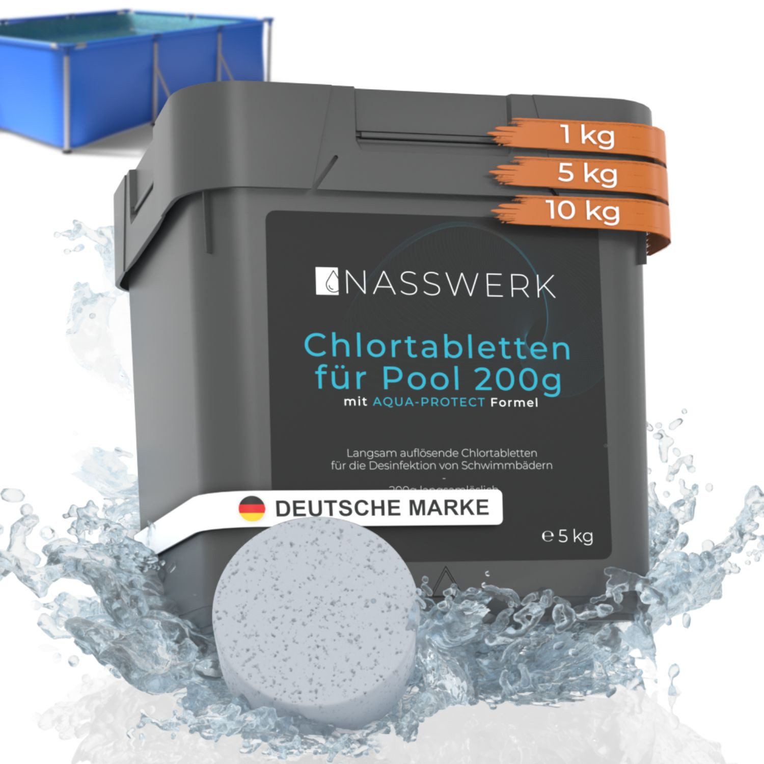 Nasswerk® Chlortabletten Chlortabletten für Pool & Whirlpool – 5g, 20g oder 200g Tabs, 200g Chlortabletten 5kg – langsam löslich für große Pools