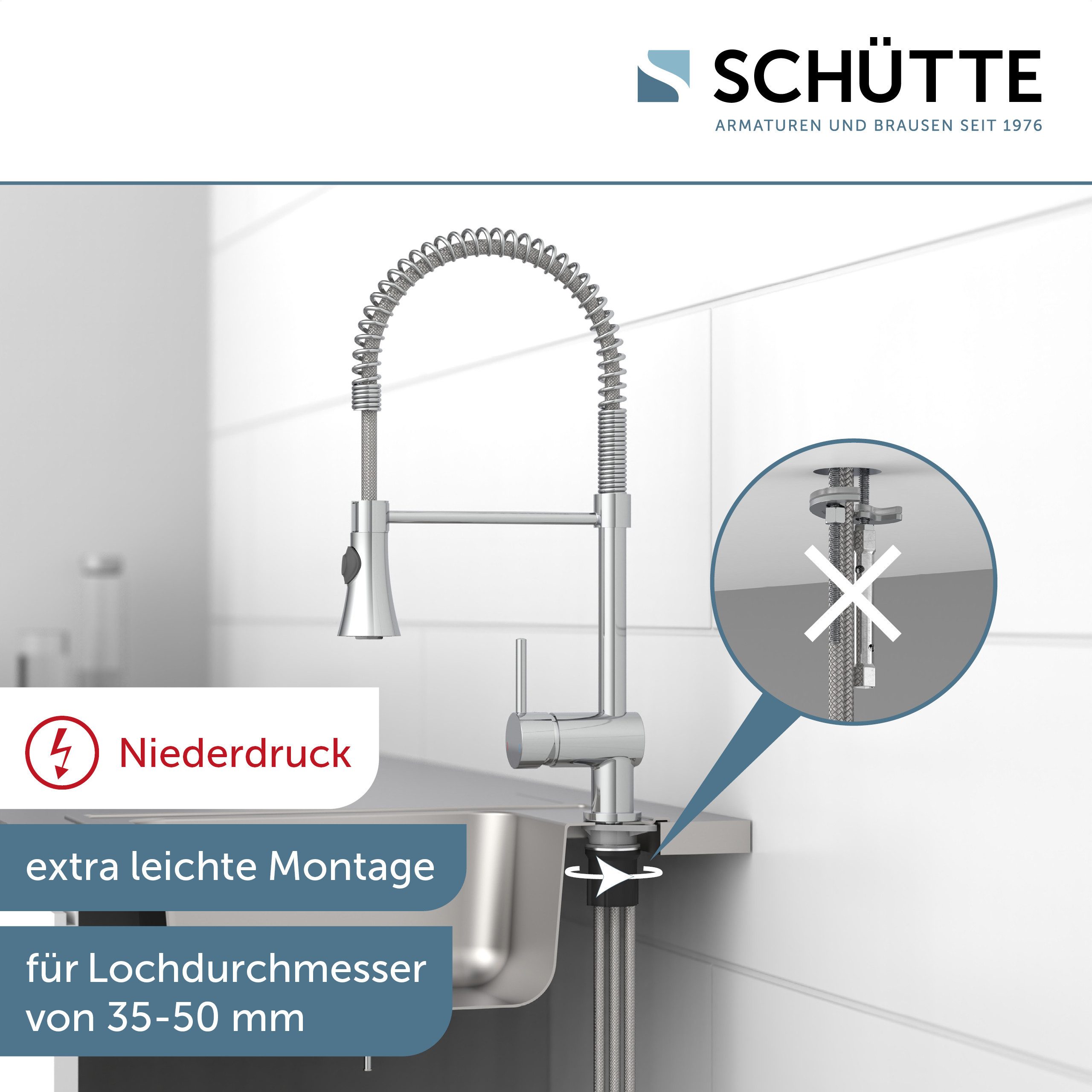 Schütte Spültischarmatur CORNWALL Niederdruck Armatur Küche, Wasserhahn ausziehbar, Mischbatterie, Chrom