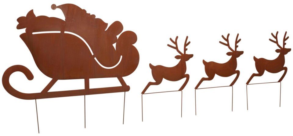 aussen Santa Weihnachtsmann Weihnachtsdeko Metall Schneider mit Schlitten, 4 Gartenstecker aus St), (Set,