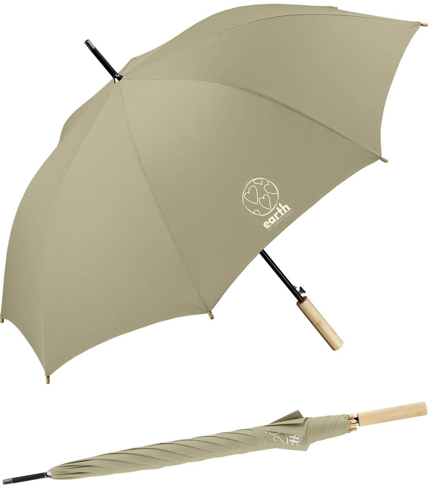 HAPPY RAIN Langregenschirm Earth - nachhaltiger Schirm mit Auf-Automatik, gut geschützt etwas für die Umwelt tun braun