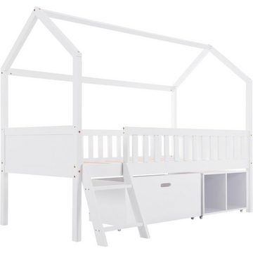 Merax Hausbett »My Cabin«, mit Leiter und Schubladen, Kinderbett 90x200 cm aus Massivholz mit Rausfallschutz und Lattenrost, Einzelbett, Holzbett