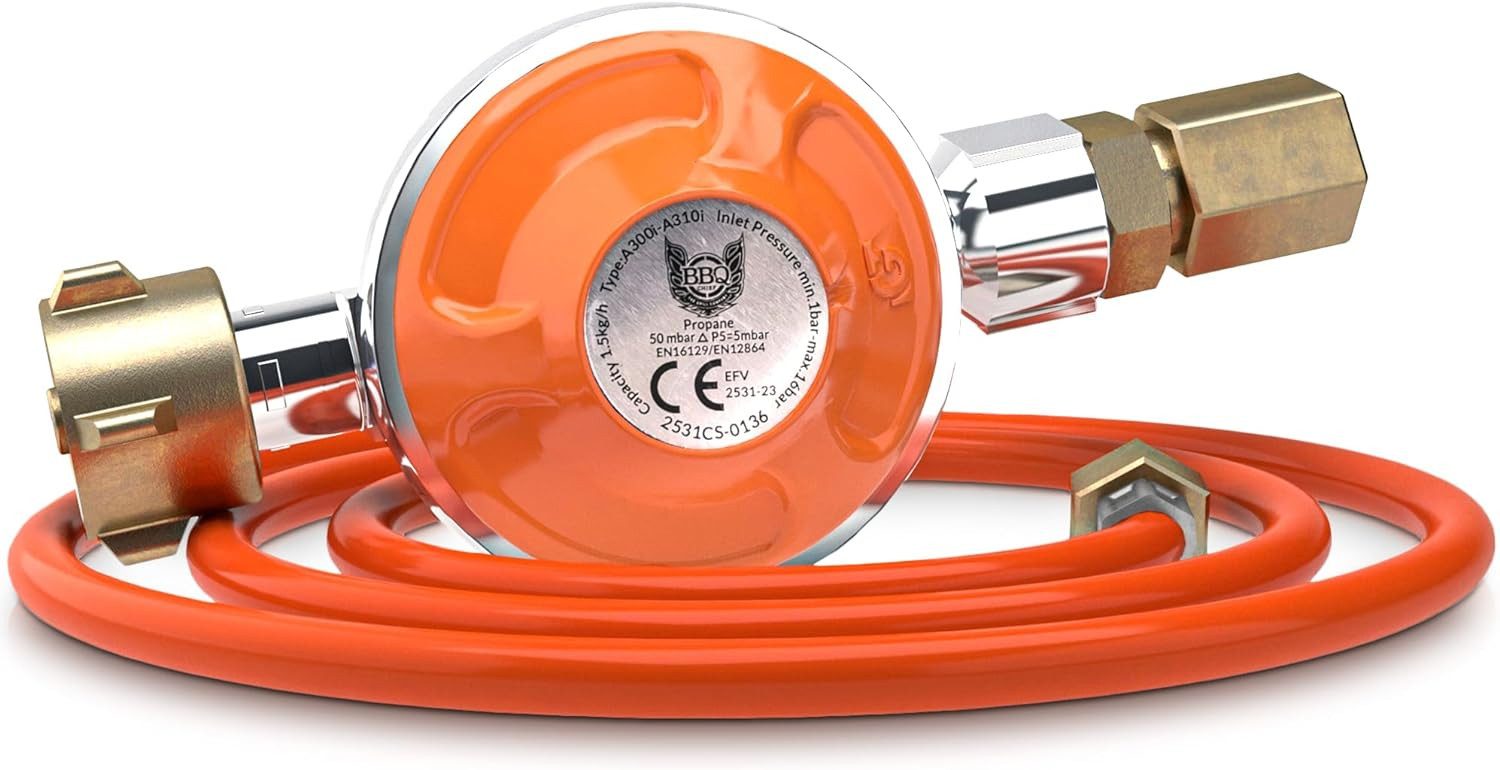 Gasdruckregler 50mbar, 1,5kg/h, 1/4 Zoll, 100cm/150cm Gasschlauch, mit/ohne Manometer