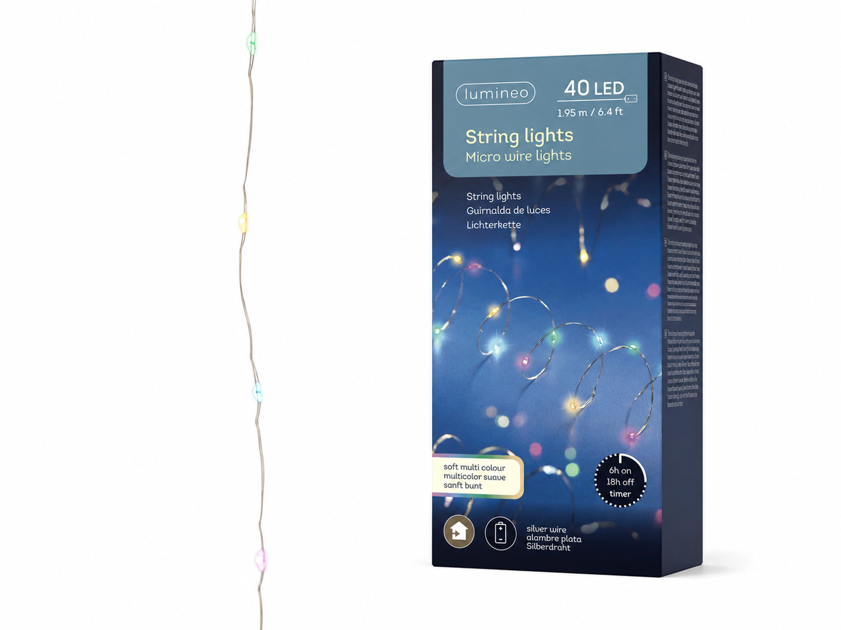 Lumineo LED-Lichterkette, LED Draht Lichterkette 1,95m Batterie 40 Micro-LEDs Soft Bunt